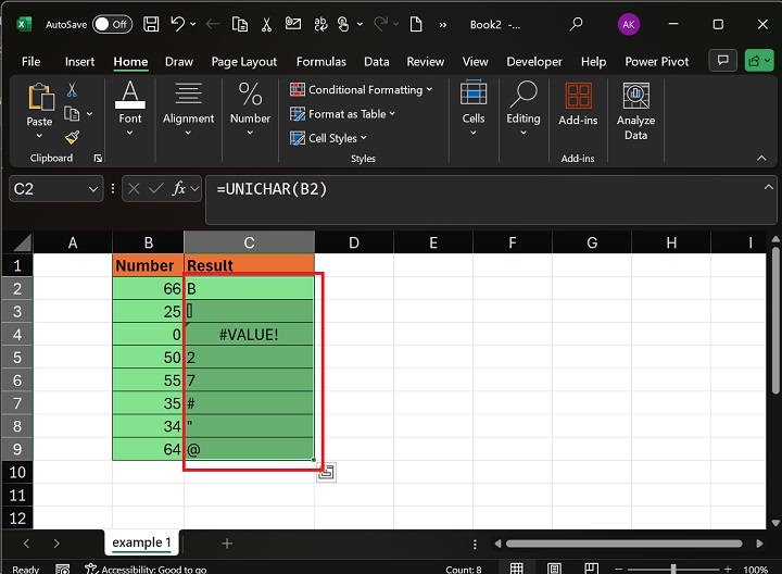 Apply UNICHAR Function on Different Numbers3