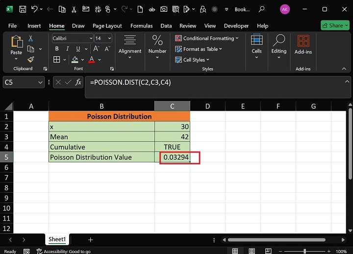 Calculate the Poisson Distribution in Excel2