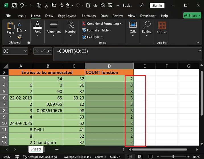 COUNT Function in Excel 2