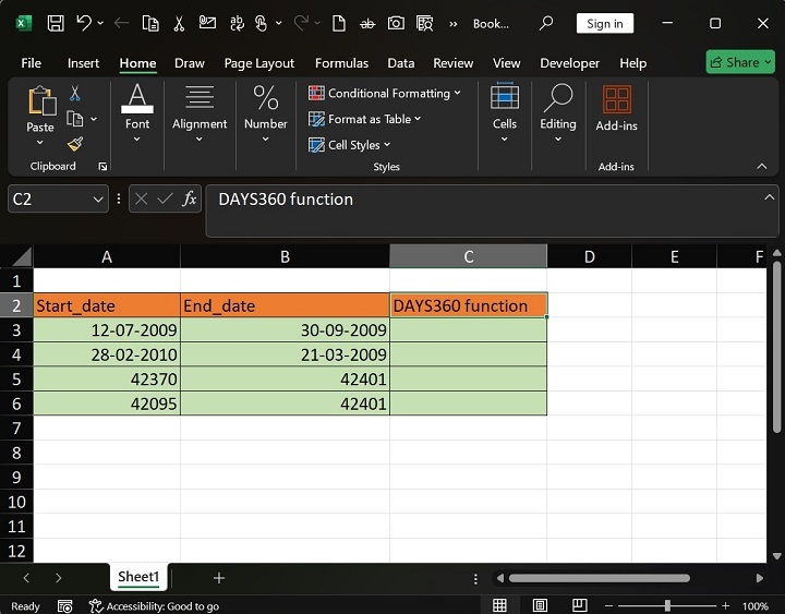 DAYS360 Function is applied in Selected Range1