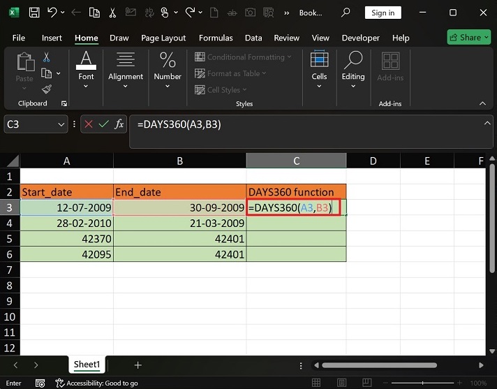 DAYS360 Function is applied in Selected Range2