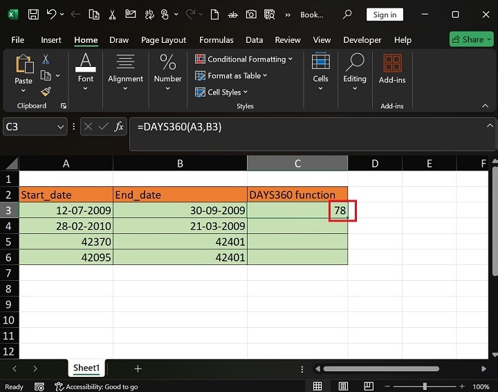 DAYS360 Function is applied in Selected Range3