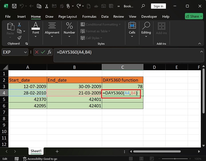 DAYS360 Function is applied in Selected Range4