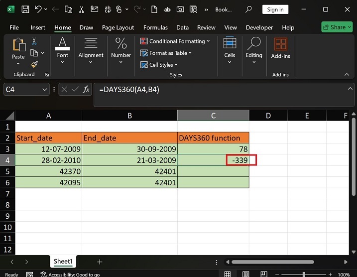DAYS360 Function is applied in Selected Range5
