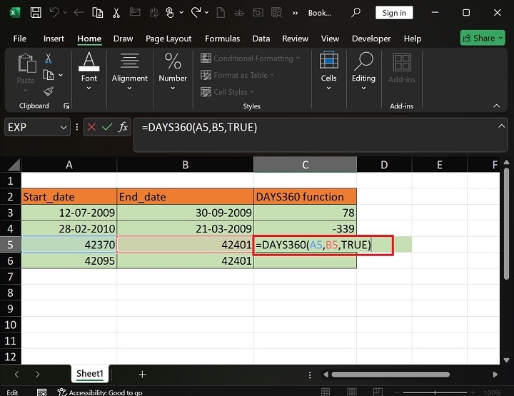 DAYS360 Function is applied in Selected Range6