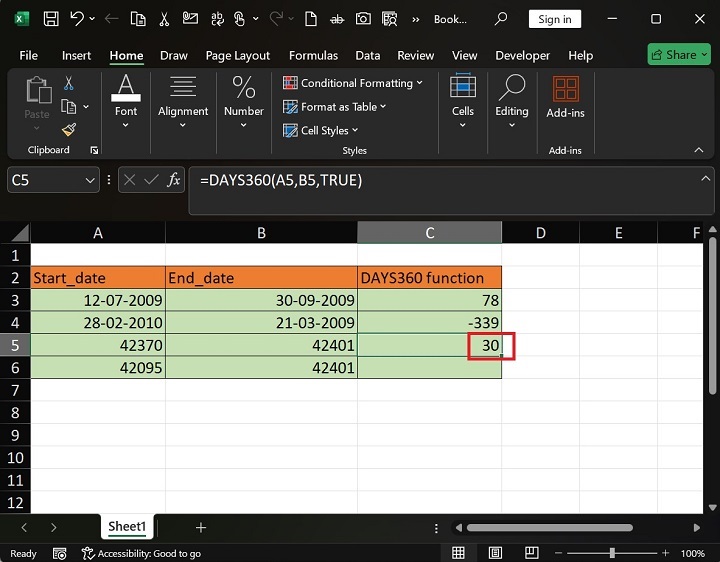 DAYS360 Function is applied in Selected Range7