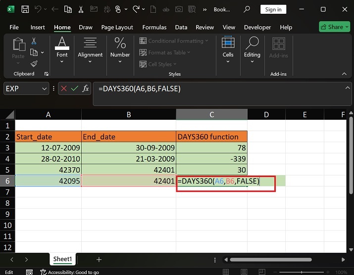 DAYS360 Function is applied in Selected Range8