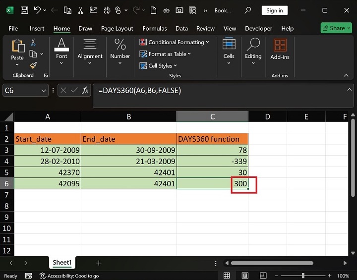DAYS360 Function is applied in Selected Range9