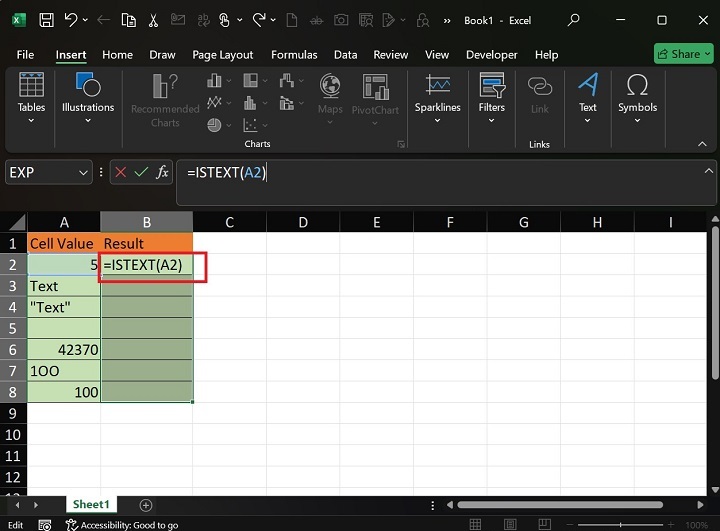 Execute the ISTEXT Function in Excel1