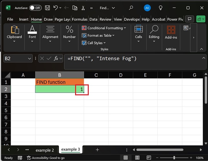 FIND function returns a result of 1
