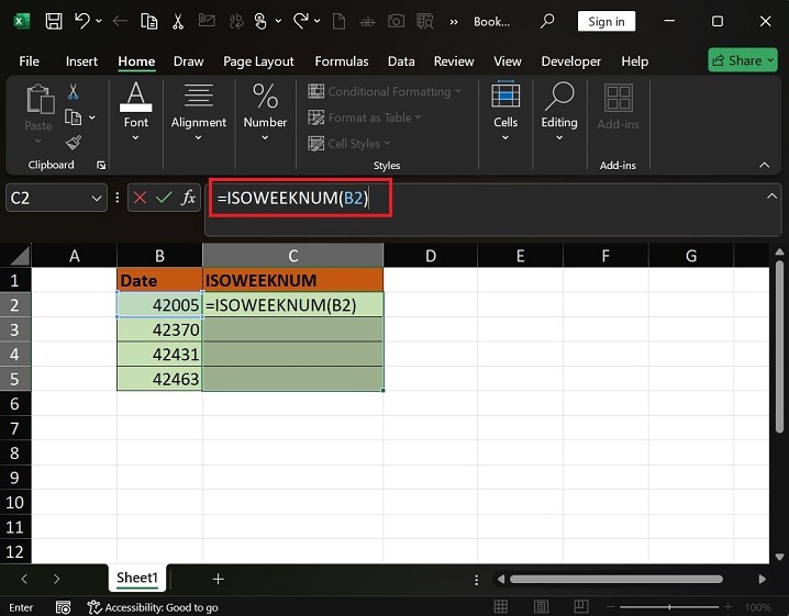 Get the ISO Week Number from Date in Excel2