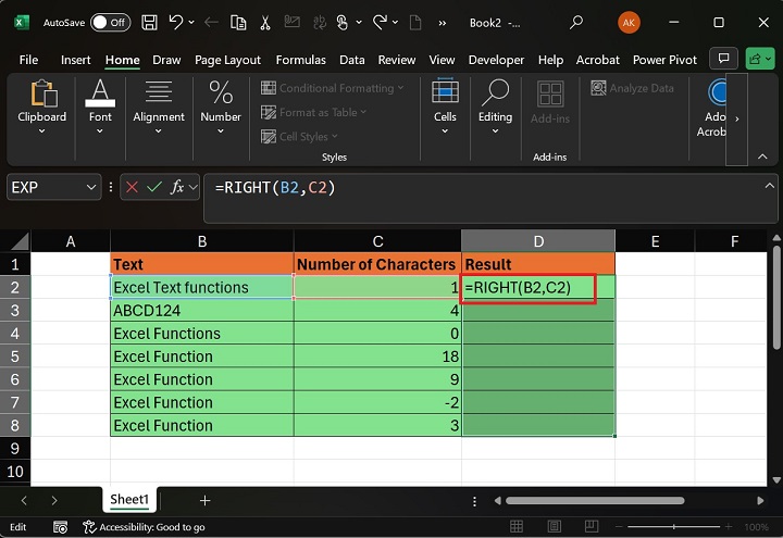 How to Execute RIGHT Function in Excel2