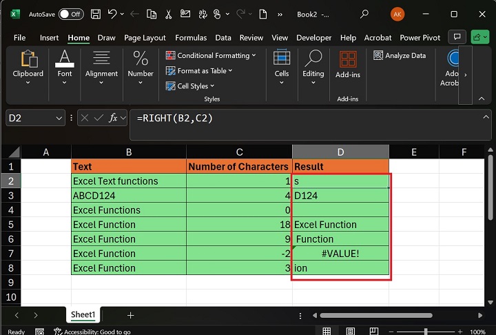 How to Execute RIGHT Function in Excel3