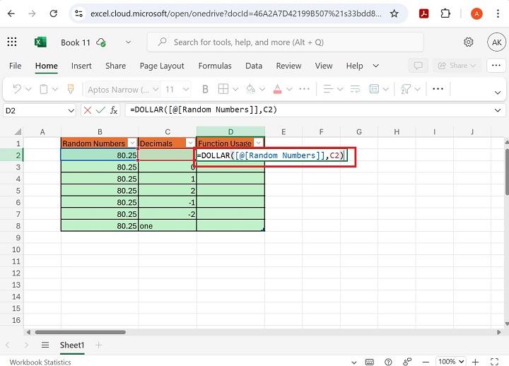How to execute the DOLLAR function in Excel 2
