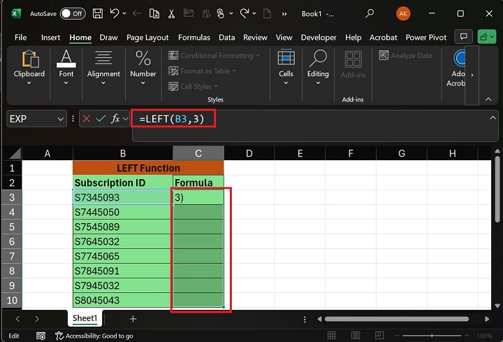 How to Execute the LEFT Function in Excel2