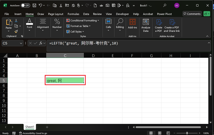 LEFTB Function in Microsoft Excel 2