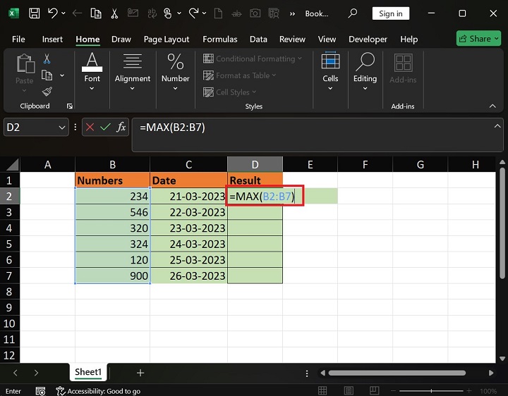 MAX Function in Excel 1