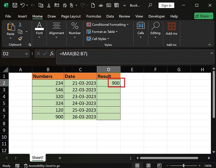 MAX Function in Excel 2