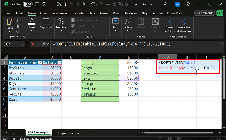 SORT and FILTER Function in Excel