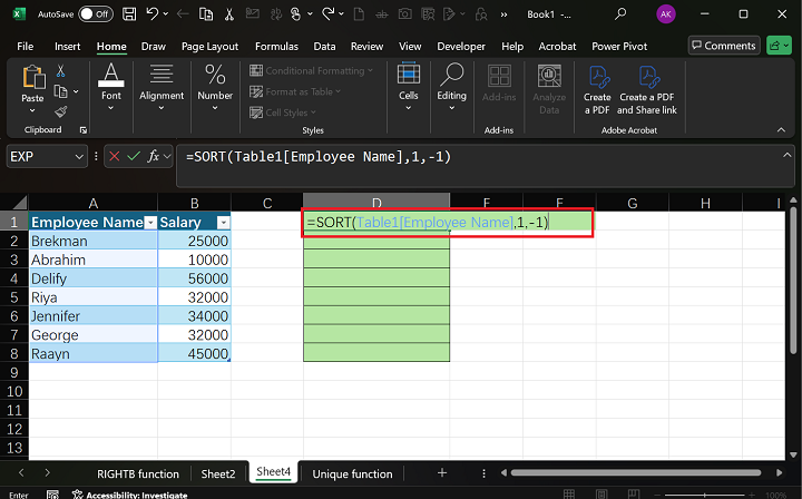 SORT Function in Excel 3