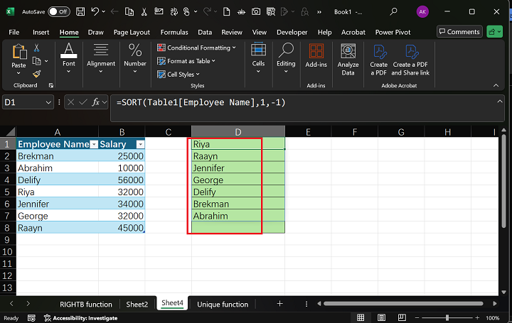 SORT Function in Excel 4