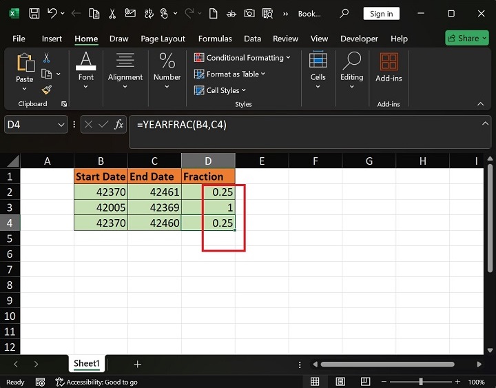 What does YEARFRAC Function do in Excel2