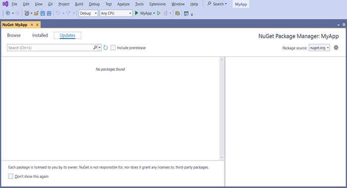 NuGet Package Manager Update Package