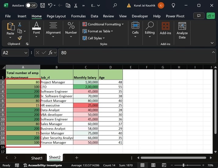 Add 2-color Scales in Excel 2