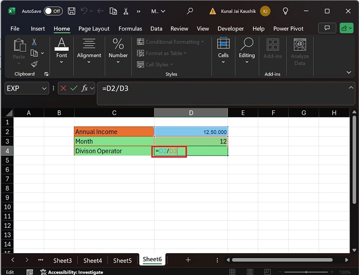Division Microsoft Excel