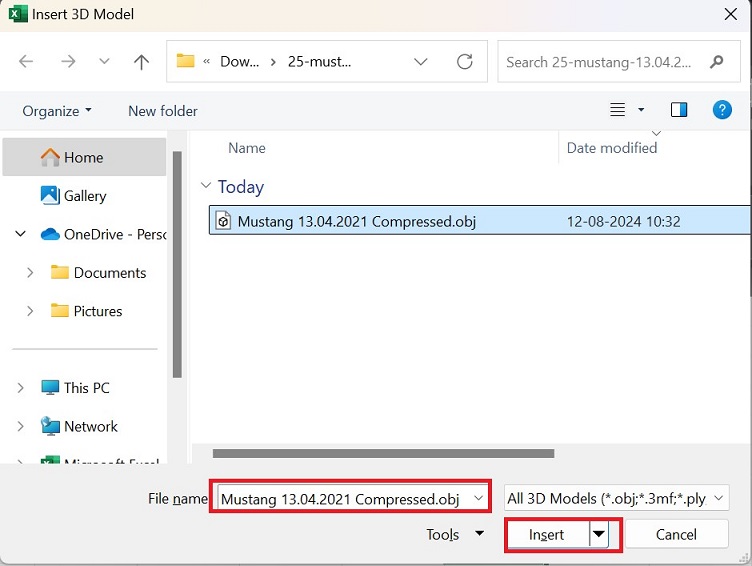 Excel Insert a 3D Model