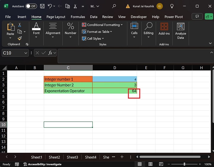 Exponentiation Microsoft Excel