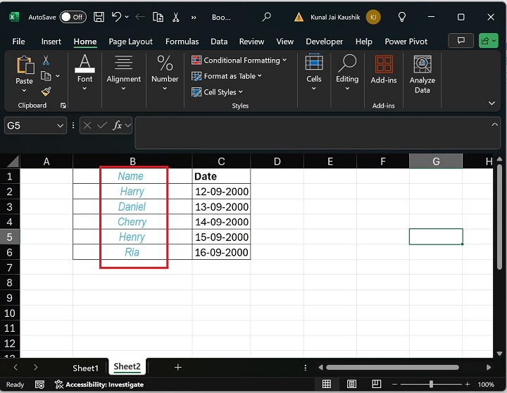 Font Style Changed Through Font Tab of Range B1:B6