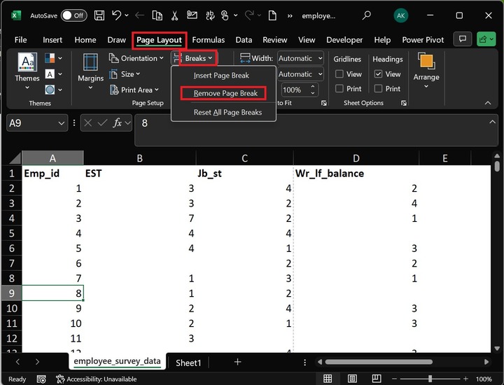 Remove Horizontal Page Breaks in Excel 1