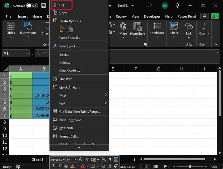 Using Cut and Paste Option