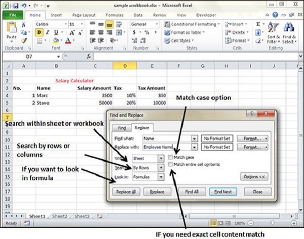 Various Find options in Excel