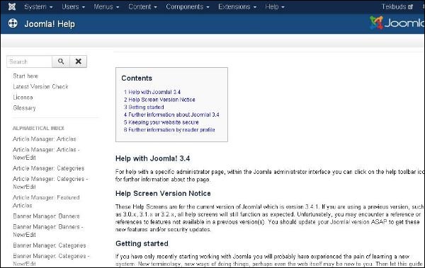 joomla Help Menu