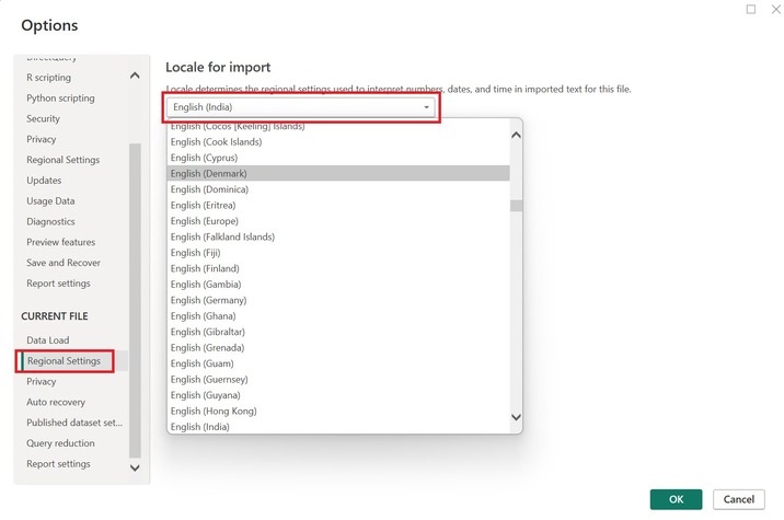 Regional Settings Power BI Desktop 2