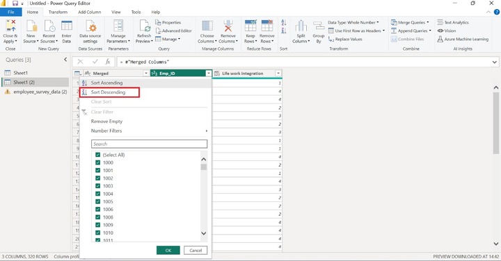 Sorting the Column Data 1