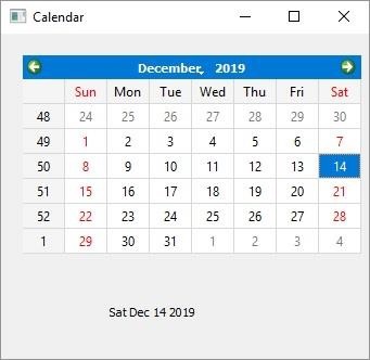 QCalendar Widget Output