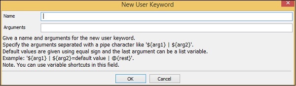 New User Keyword screen