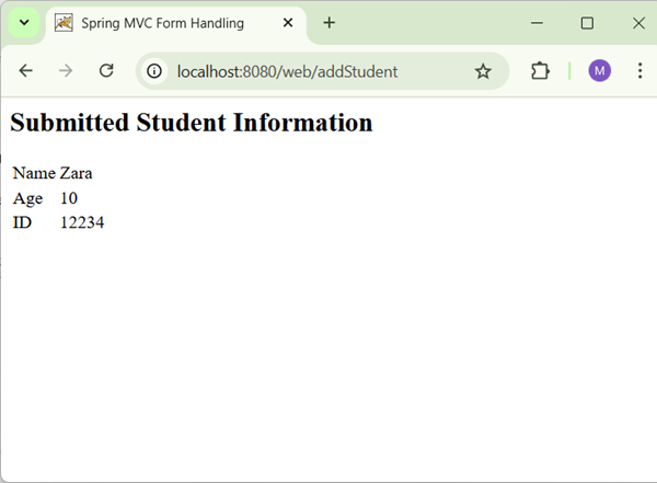Spring Student Form Result