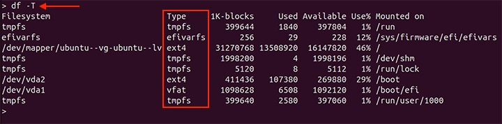 Displaying Disk Space with File System Type 1