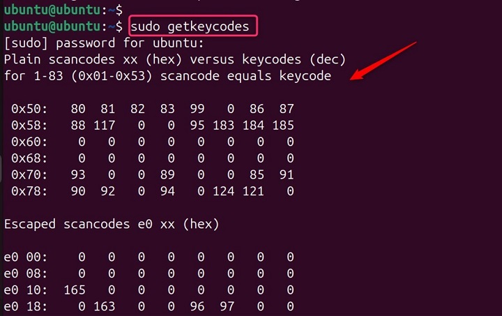 getkeycodes Command in Linux2