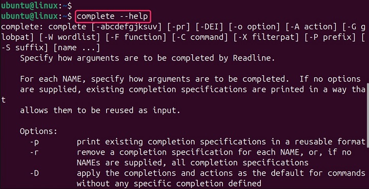 Help Page of complete Command