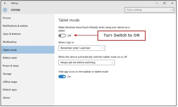 Turn the Tablet Mode
